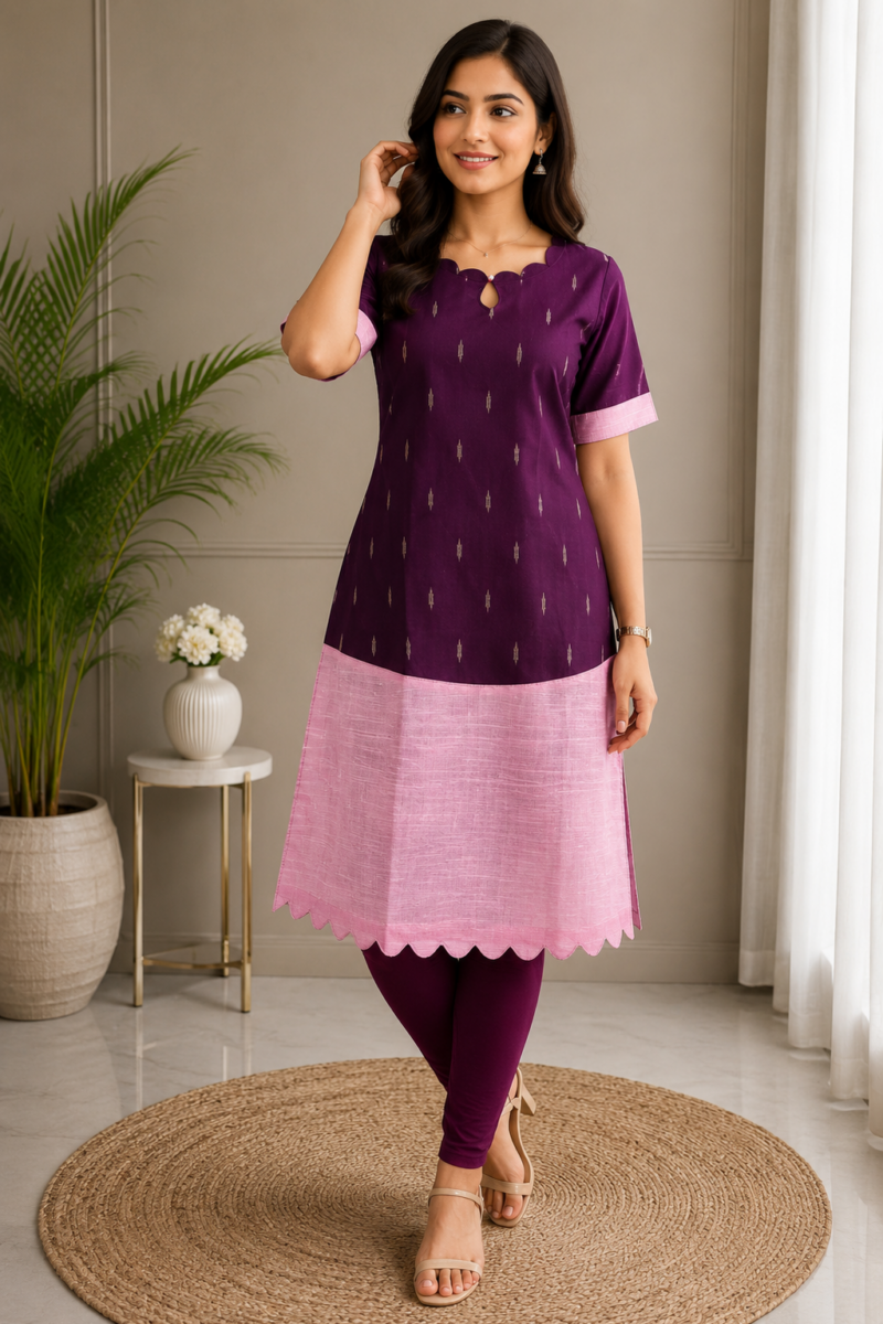 Wine & Baby Pink Raw Silk Kurti +Dupatta (2029)