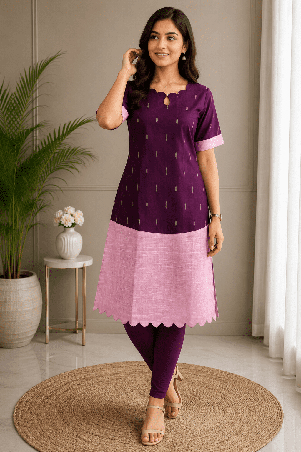 Wine & Baby Pink Raw Silk Kurti +Dupatta (2029)