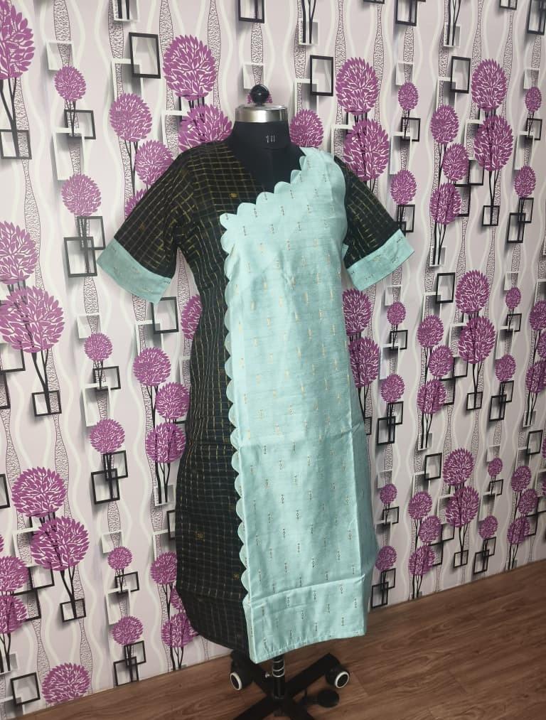 Black Checked Raw Silk Kurti | Pastel Green Scallop Detail 💚 (2026)
