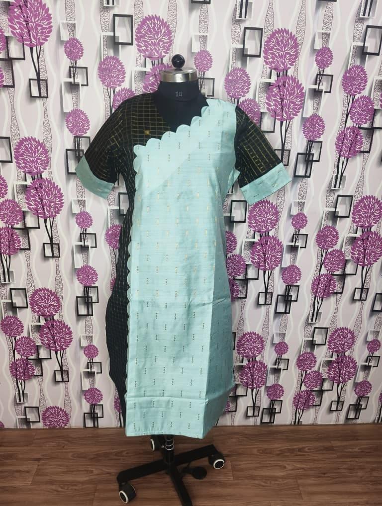 Black Checked Raw Silk Kurti | Pastel Green Scallop Detail 💚 (2026) - Image 6