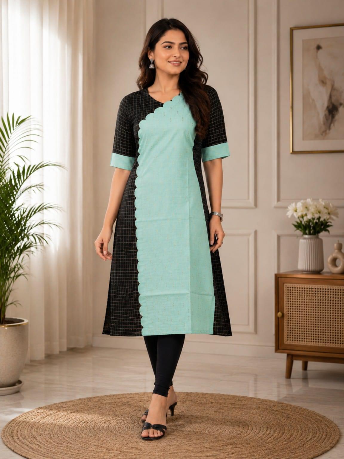 Black Checked Raw Silk Kurti | Pastel Green Scallop Detail 💚 (2026)