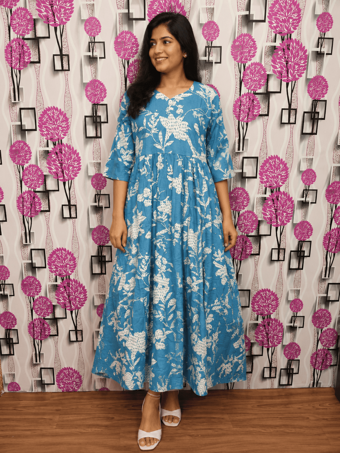 Chic Blue Floral Flared Midi Dress - (1603)