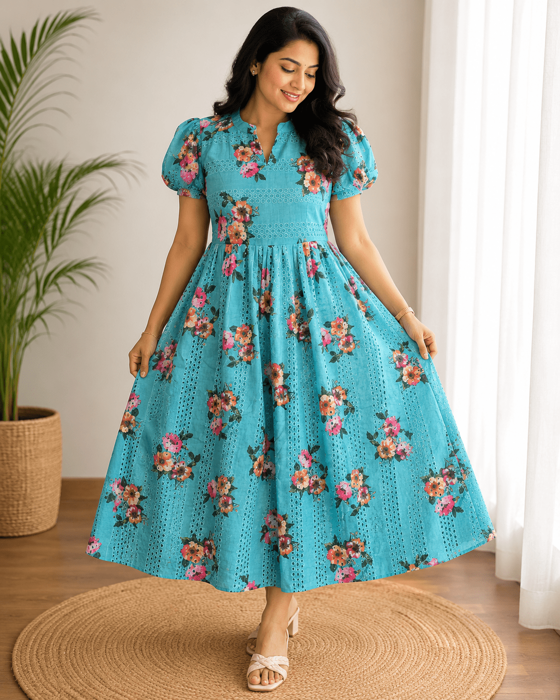 Floral Hakoba Frock - Turquoise Aqua ( FHF -20267 )