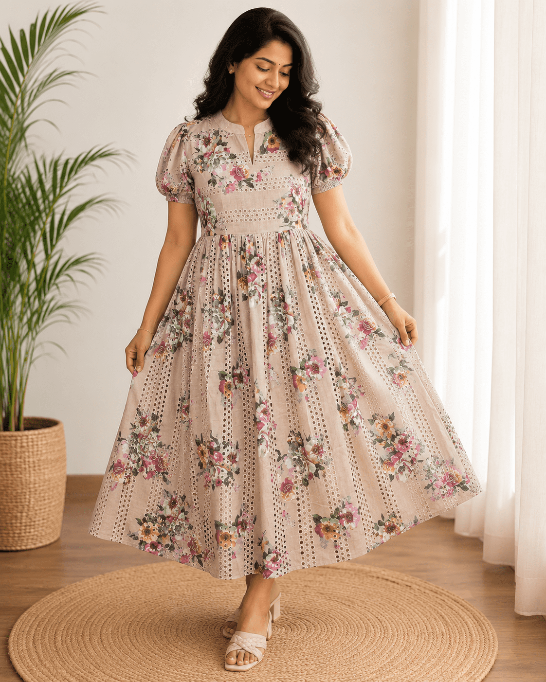 Floral Hakoba Frock - Latte (FHF -20262)