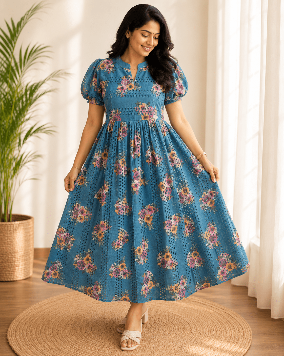 Floral Hakoba Frock - Dusty Teal Blue (FHF -20263 )