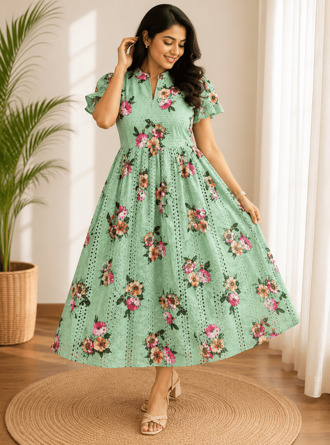 Floral Hakoba Frock -Pista green (FHF -20265 )