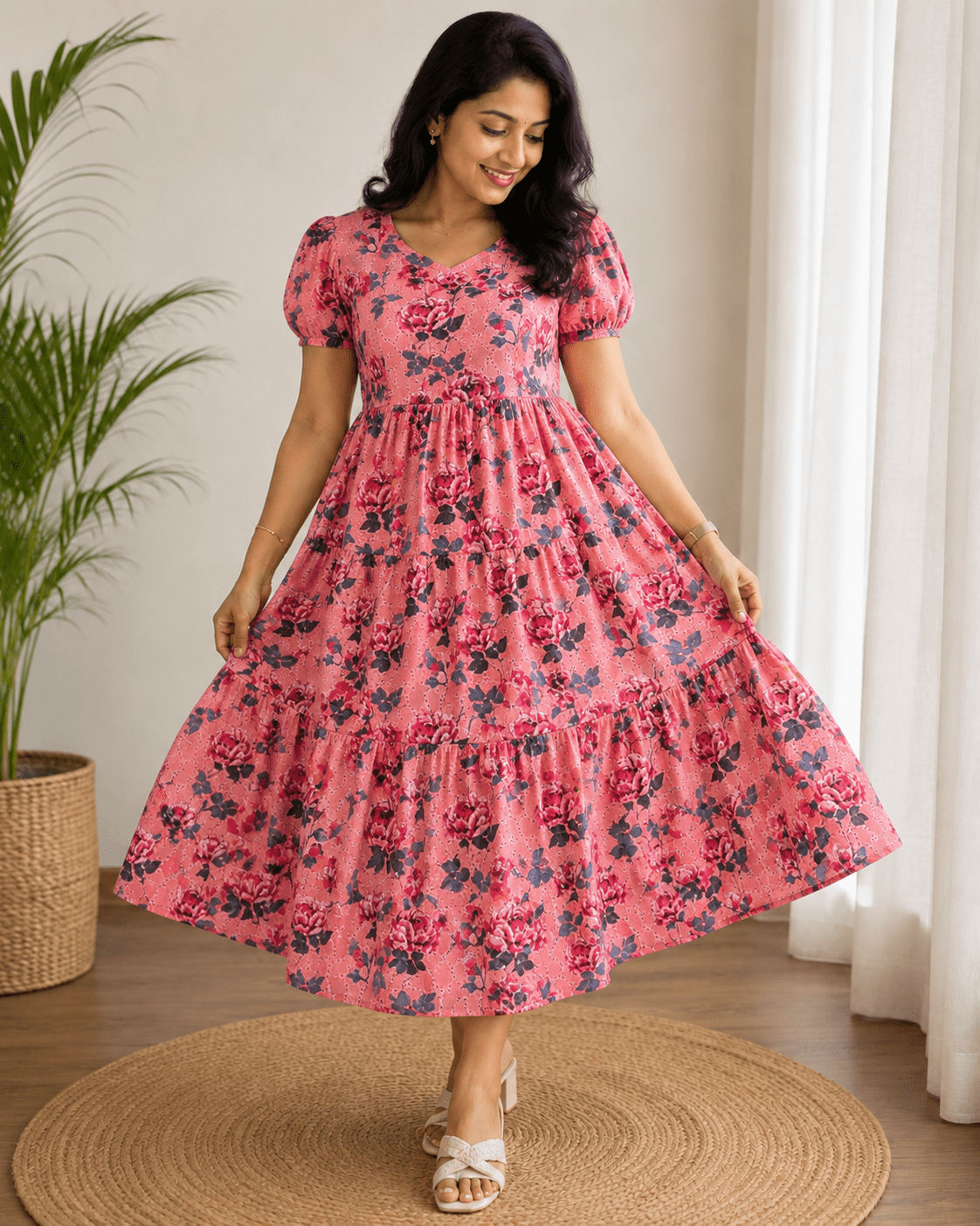 Pink Floral Hakoba Cotton Flared Dress –  (2013)