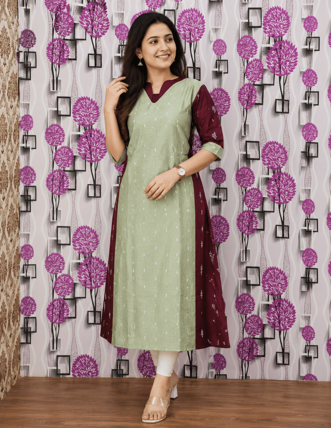 Sea Green Raw Silk Kurti with Maroon Contrast – Elegant Ethnic Wear (2031)