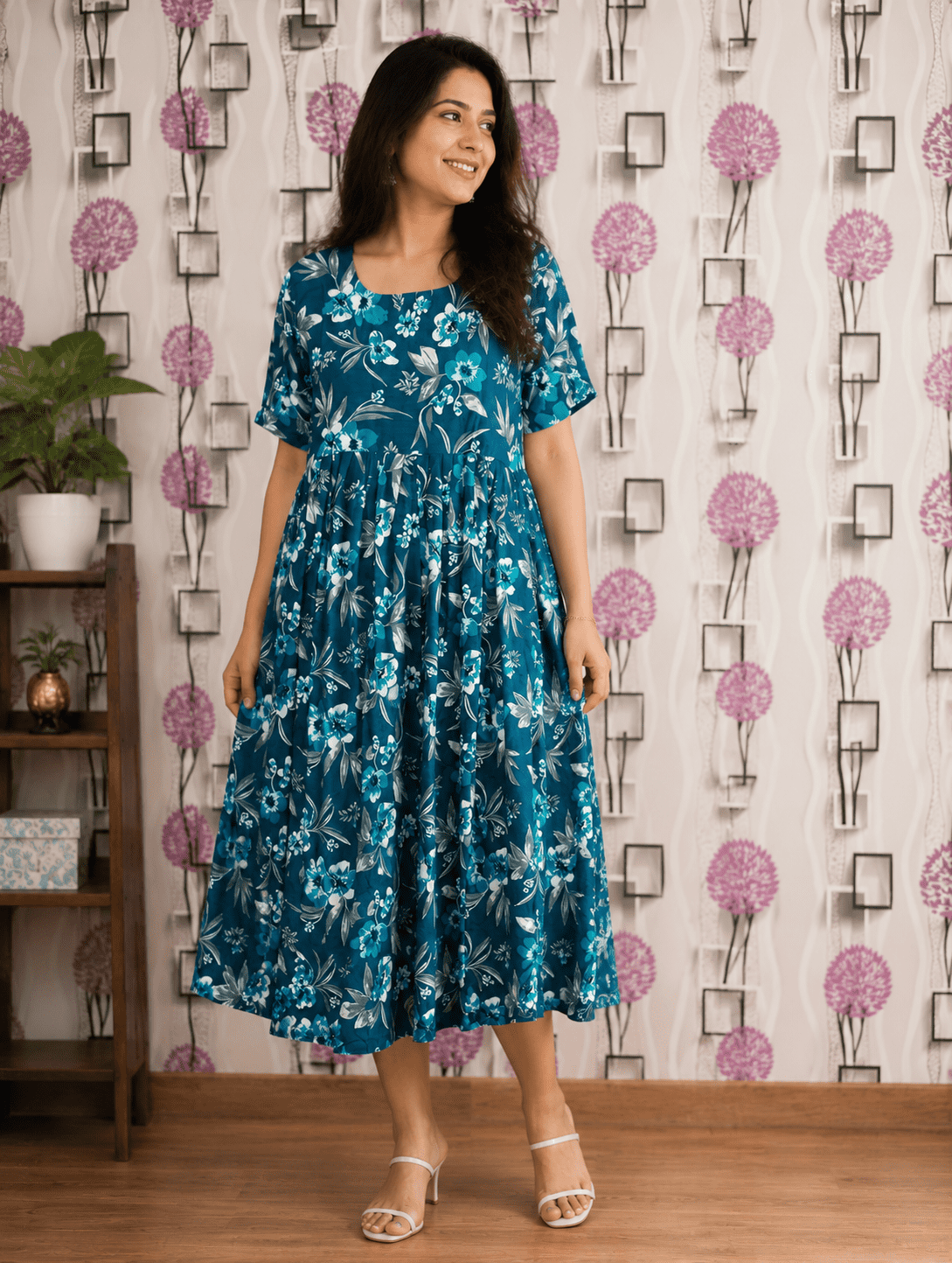 Elegant Blue Floral Rayon Frock – M to 6XL | Daily Wear Comfort (2203)