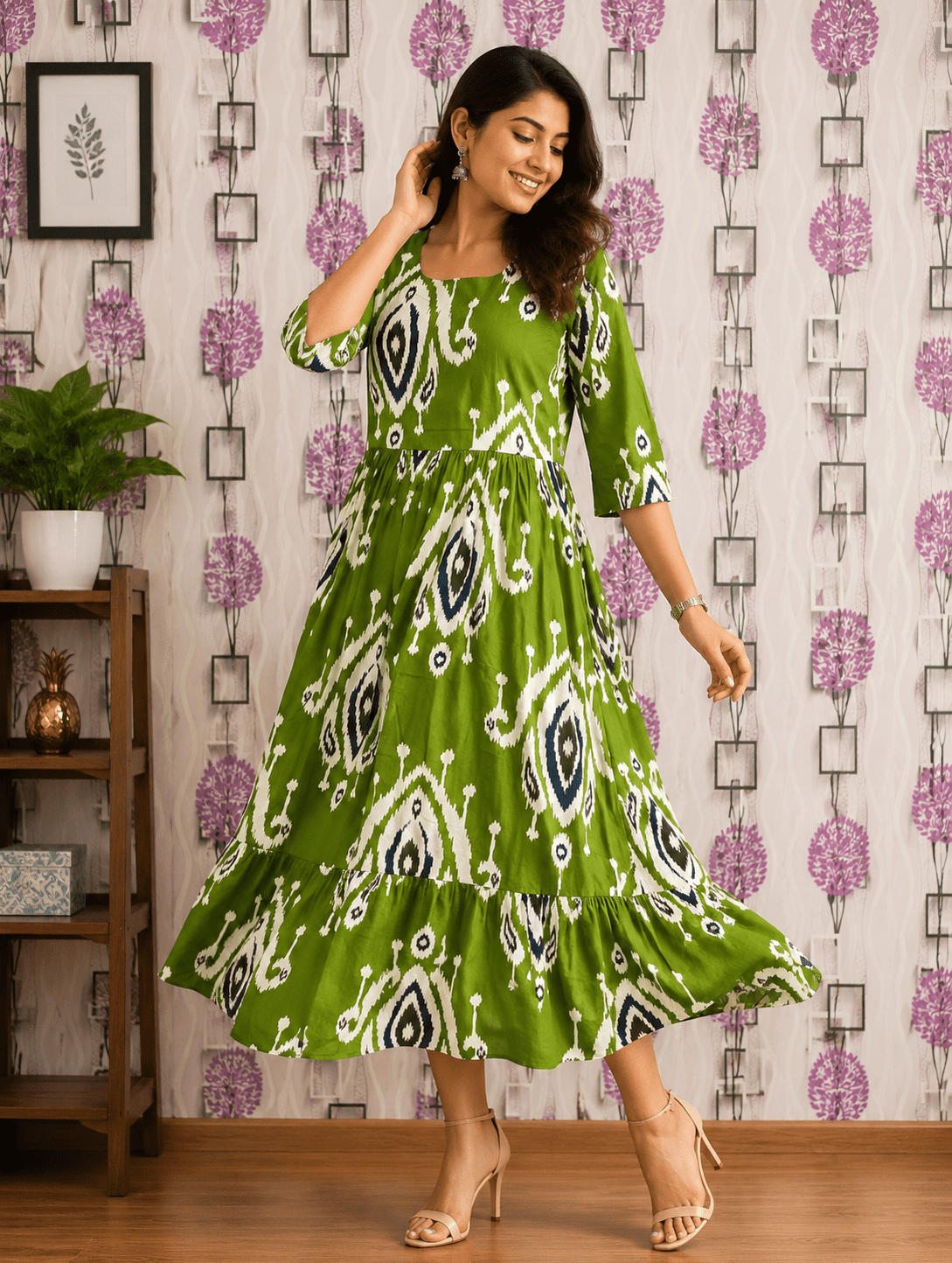 Green Ikkat 2-Tier Flowy Midi Dress - (1503)