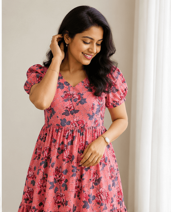 Pink Floral Hakoba Cotton Flared Dress –  (2013) - Image 4
