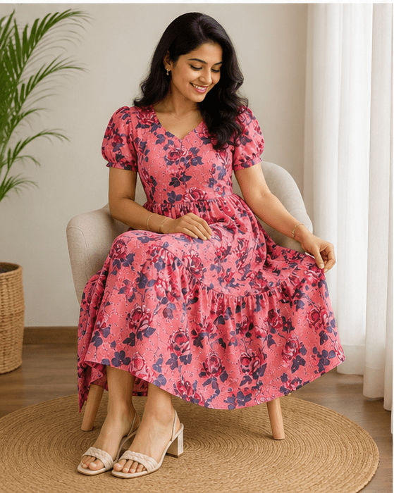 Pink Floral Hakoba Cotton Flared Dress –  (2013) - Image 5