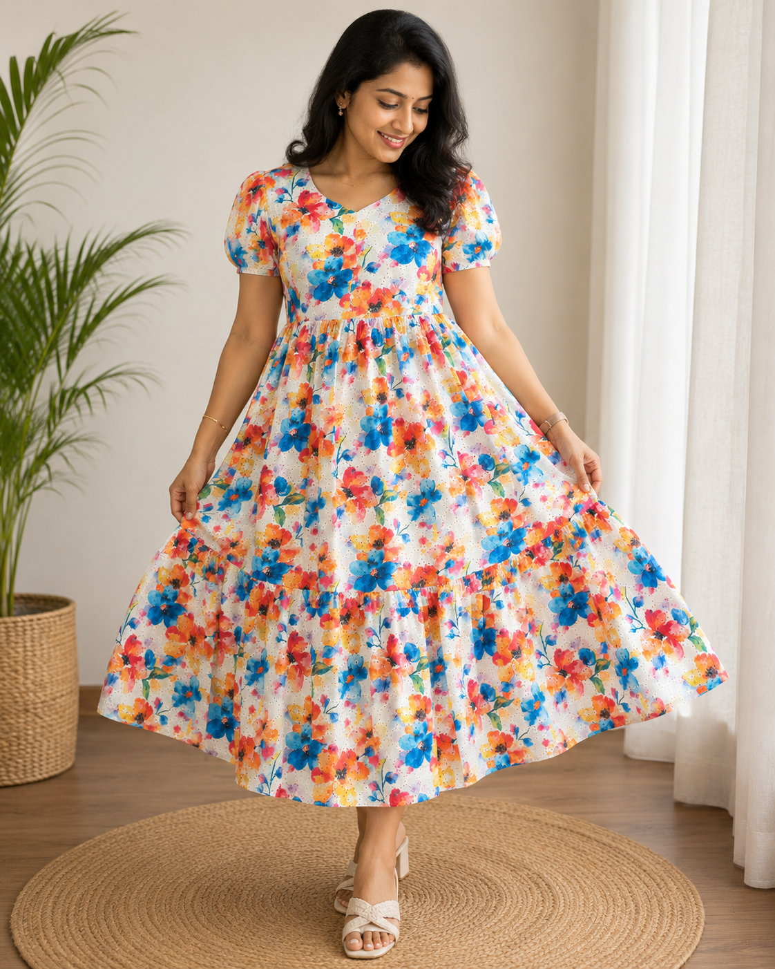 White Multicolor Floral Hakoba Dress
